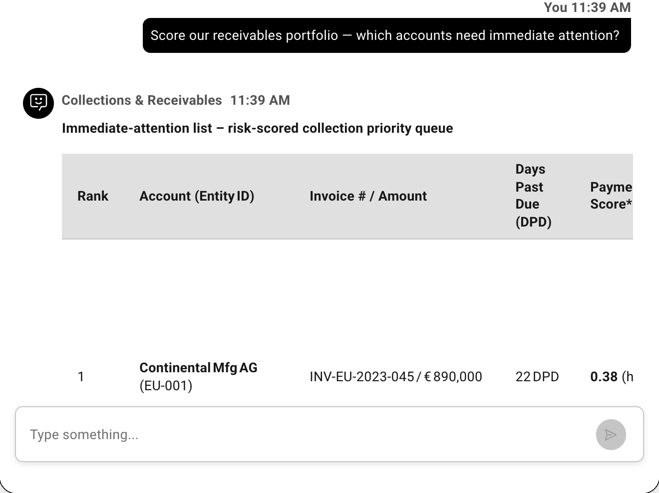 Example conversation with the agent: Score our receivables portfolio — which accounts need immediate attention?