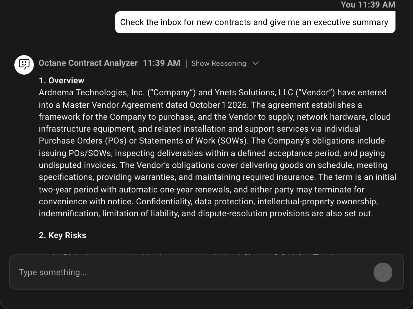 Example conversation with the agent: Check the inbox for new contracts and give me an executive summary