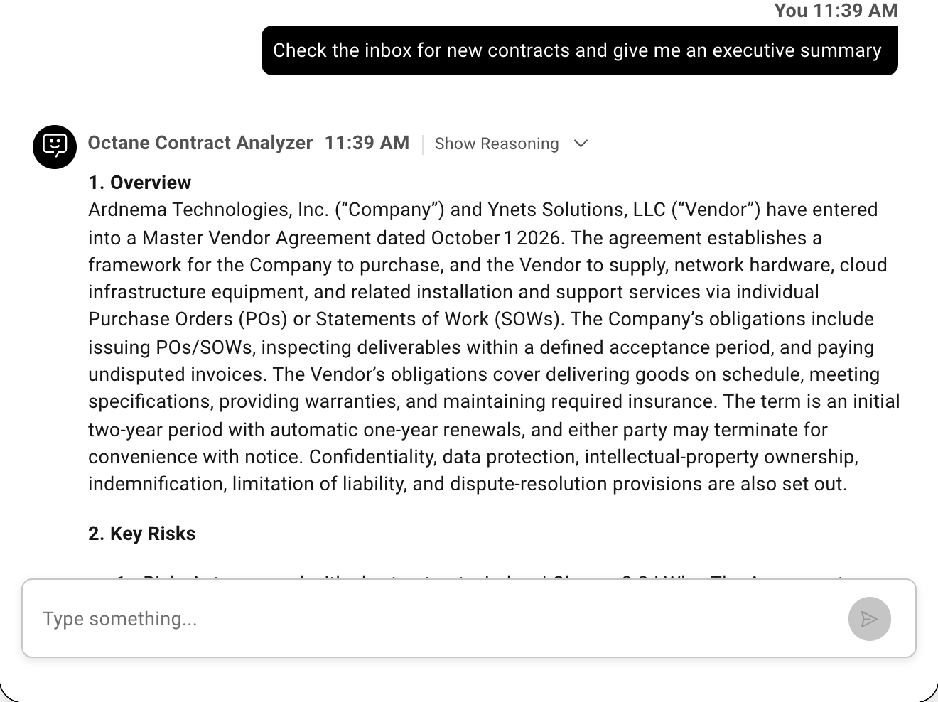 Example conversation with the agent: Check the inbox for new contracts and give me an executive summary