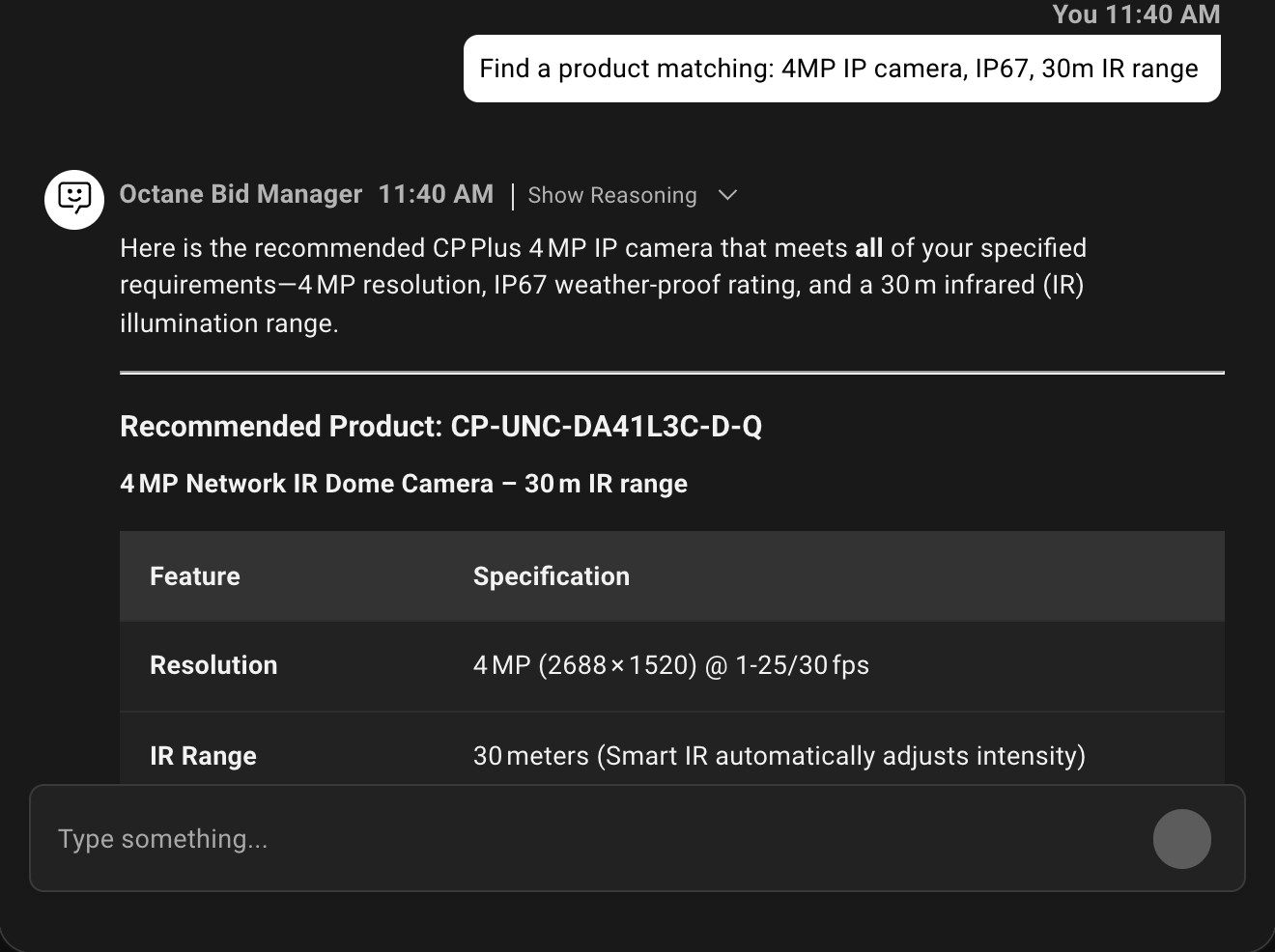 Example conversation with the agent: Find a product matching: 4MP IP camera, IP67, 30m IR range