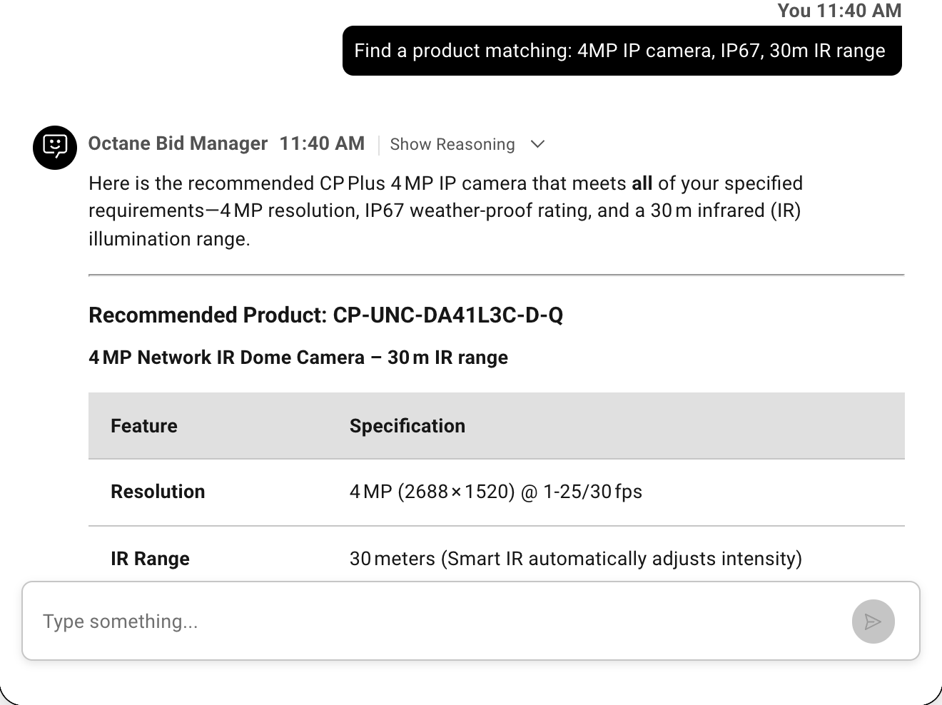 Example conversation with the agent: Find a product matching: 4MP IP camera, IP67, 30m IR range