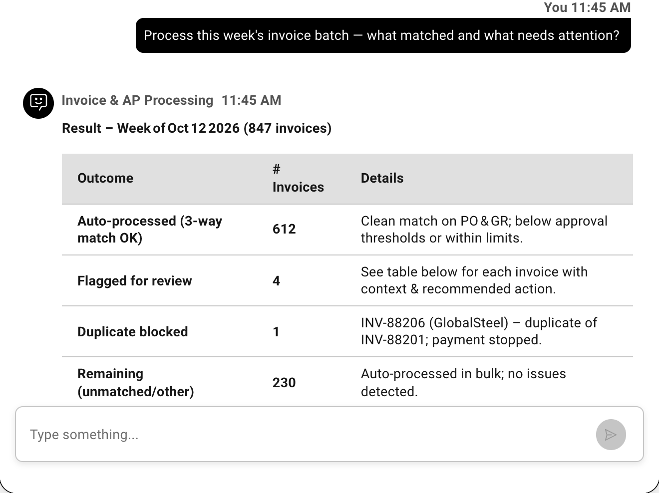 Example conversation with the agent: Process this week's invoice batch — what matched and what needs attention?