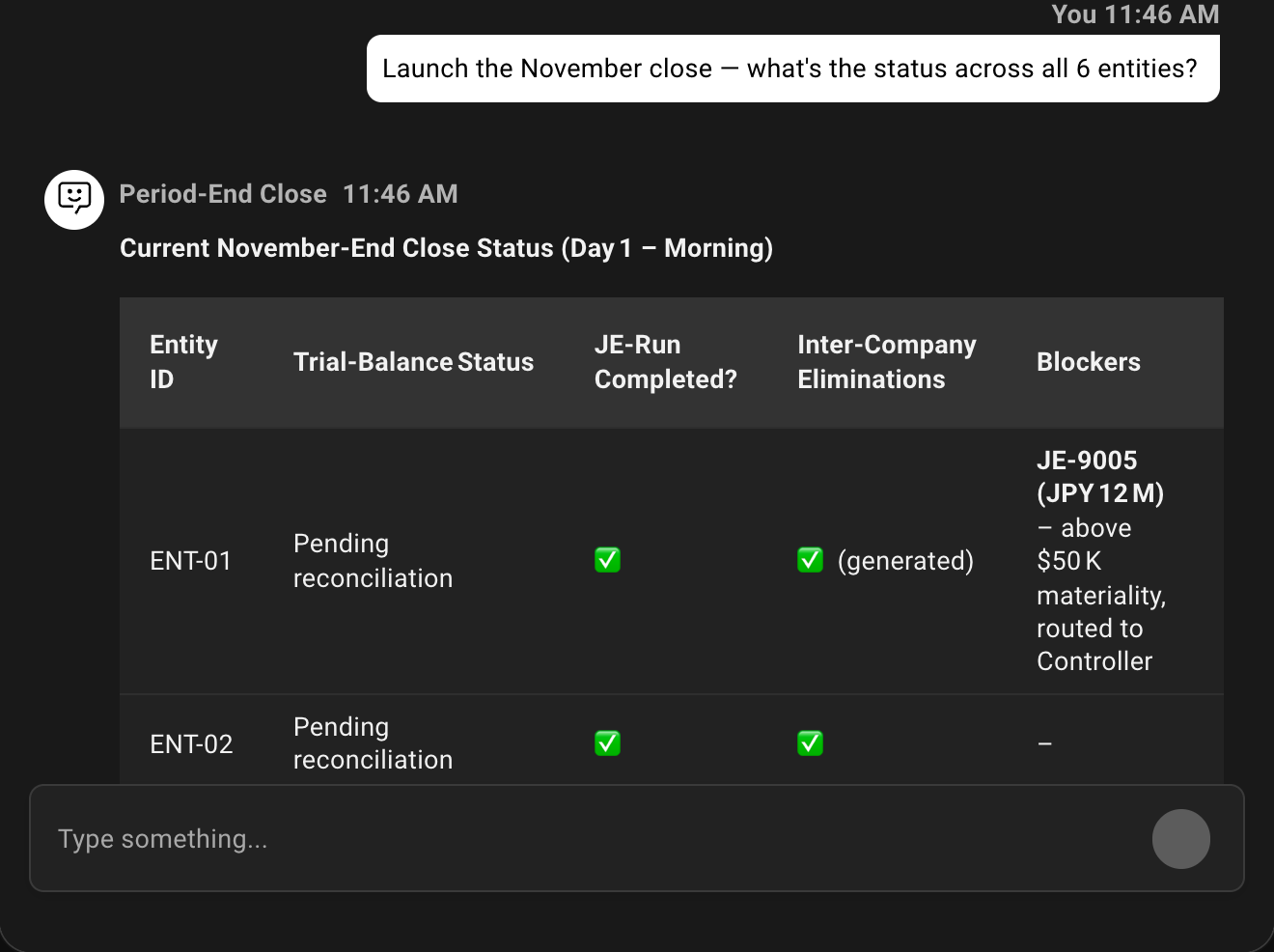 Example conversation with the agent: Launch the November close — what's the status across all 6 entities?