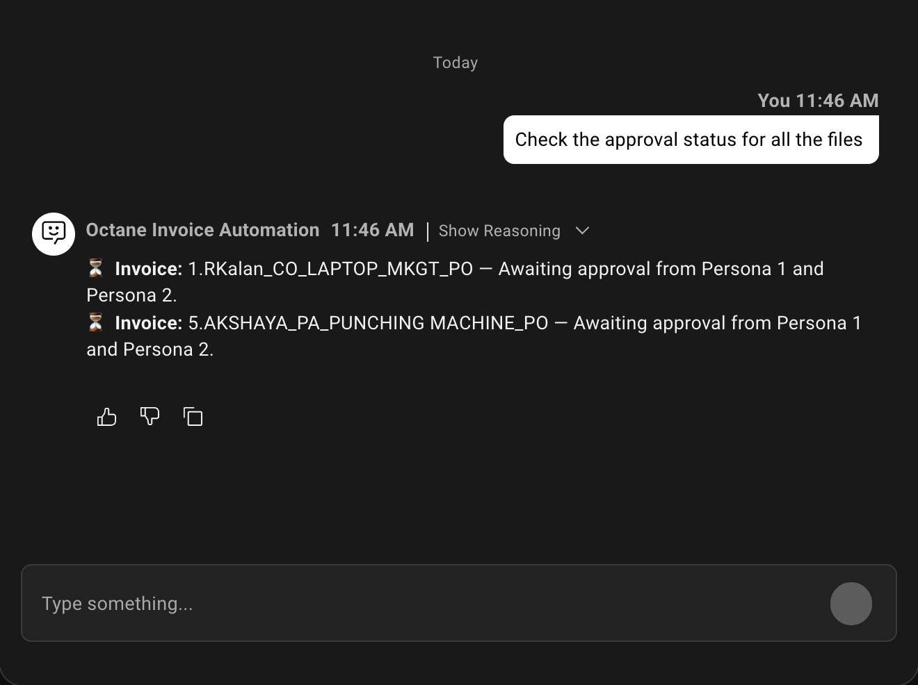 Example conversation with the agent: Check the approval status for all the files