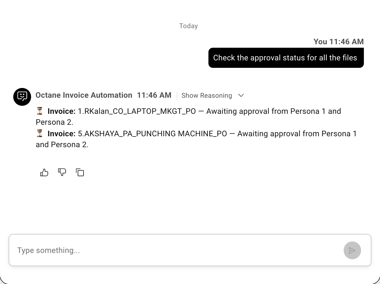 Example conversation with the agent: Check the approval status for all the files